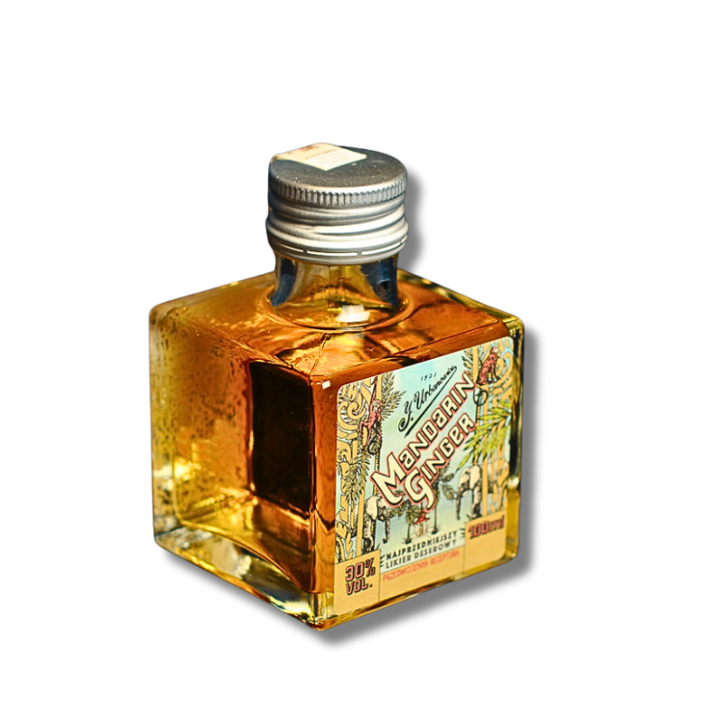 J. Urbanowicz Mandarin Ginger Likier 30% 100 ml – elegancka mini butelka polskiego likieru mandarynkowo-imbirowego inspirowanego przedwojenną recepturą.
