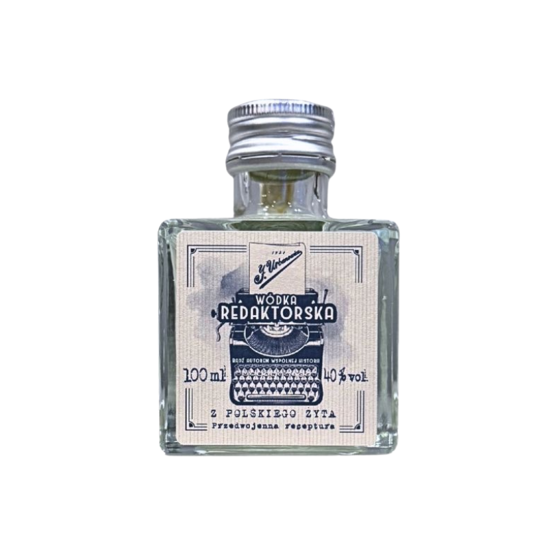 J. Urbanowicz Wódka Redaktorska Żytnia 40% 100 ml – elegancka mini butelka klasycznej polskiej wódki premium z żyta, inspirowana przedwojennymi „kwadraciakami”.