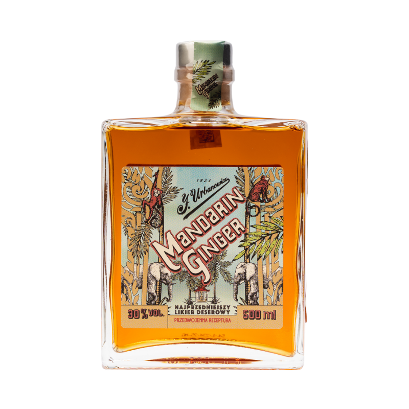 Butelka likieru rzemieślniczego J. Urbanowicz Mandarin Ginger 0,5L – alkohol premium z mandarynką i imbirem