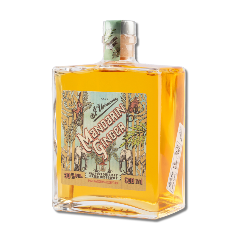 Butelka likieru rzemieślniczego J. Urbanowicz Mandarin Ginger 0,5L – alkohol premium z mandarynką i imbirem