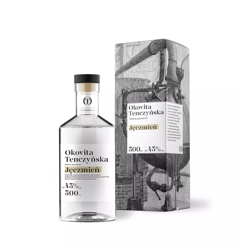 Tenczynek Okovita Jęczmień 45% 0,5 L – rzemieślniczy destylat z jęczmienia o delikatnym, słodowym smaku z nutą czarnej porzeczki.