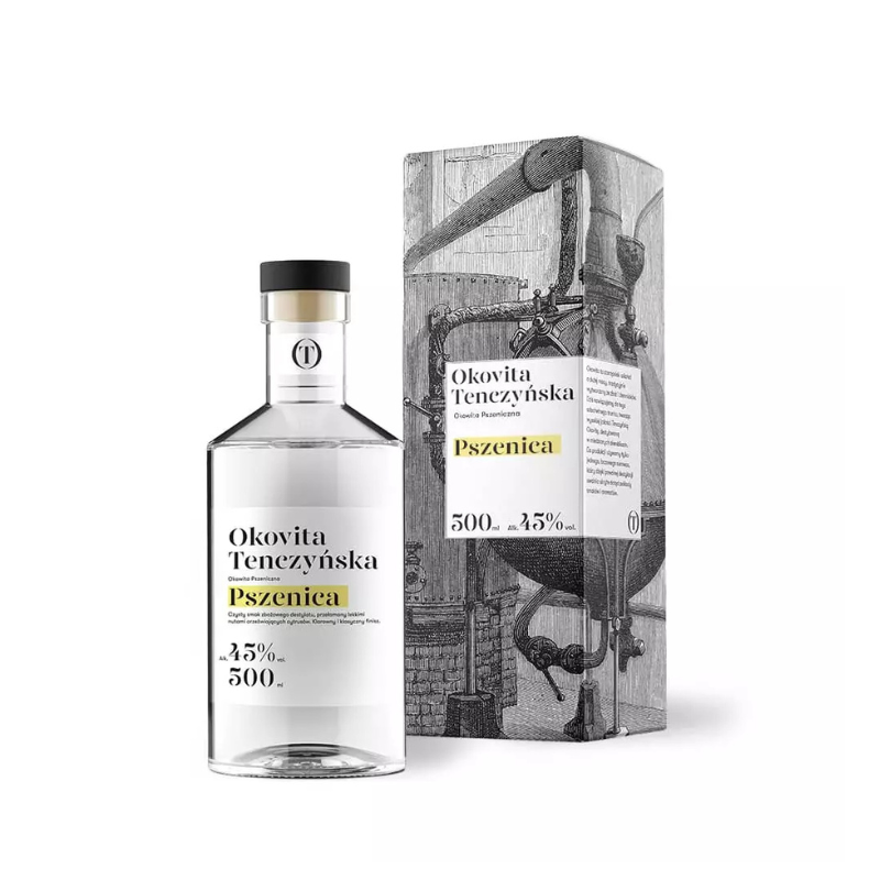 Tenczynek Okovita Pszenica 45% 0,5 L – rzemieślniczy destylat z pszenicy o czystym, zbożowym smaku z nutą cytrusów.