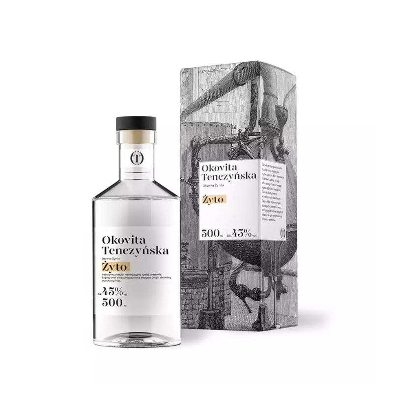 Tenczynek Okovita Żyto 45% 0,5 L – rzemieślnicza okowita z żyta o zbożowym aromacie, nutach orzecha i chleba oraz aksamitnym finiszu.