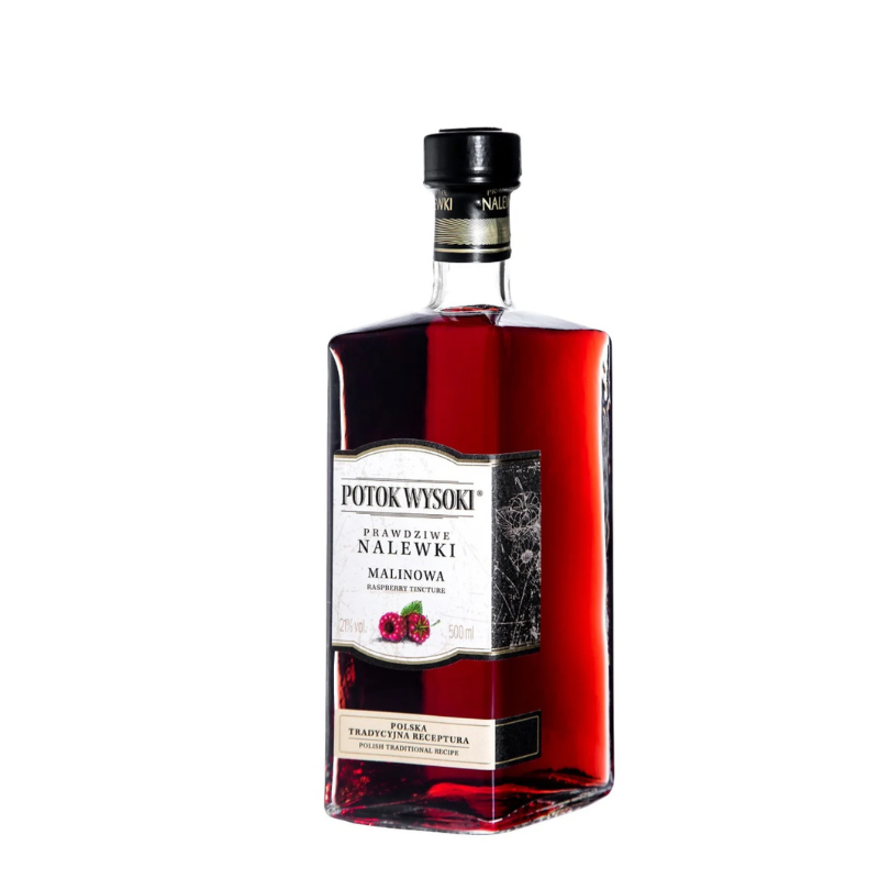 Butelka nalewki dereniowej Potok Wysoki 0,5l – naturalna nalewka z owoców derenia, czerwony trunek w eleganckiej butelce.