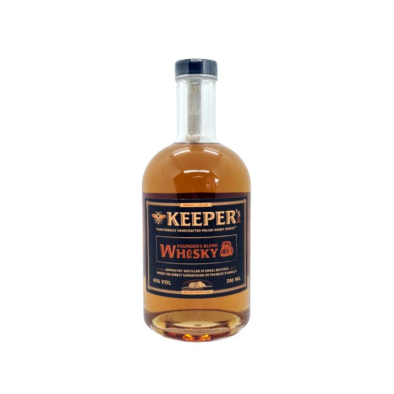 Keeper’s Whisky 43% 0,7 L – polska whisky dojrzewająca w beczkach po miodach pitnych i winach francuskich. Aromaty miodu, wanilii i owoców.