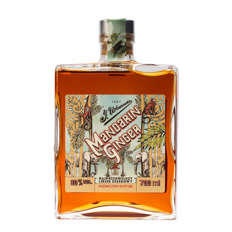 J. Urbanowicz Mandarin Ginger Likier 30% 0,7 L – elegancka butelka polskiego likieru z mandarynek i imbiru, nagrodzona 95 pkt w magazynie Aqua Vitae