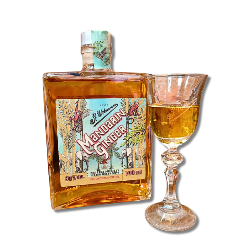 J. Urbanowicz Mandarin Ginger Likier 30% 0,7 L – elegancka butelka polskiego likieru z mandarynek i imbiru, nagrodzona 95 pkt w magazynie Aqua Vitae