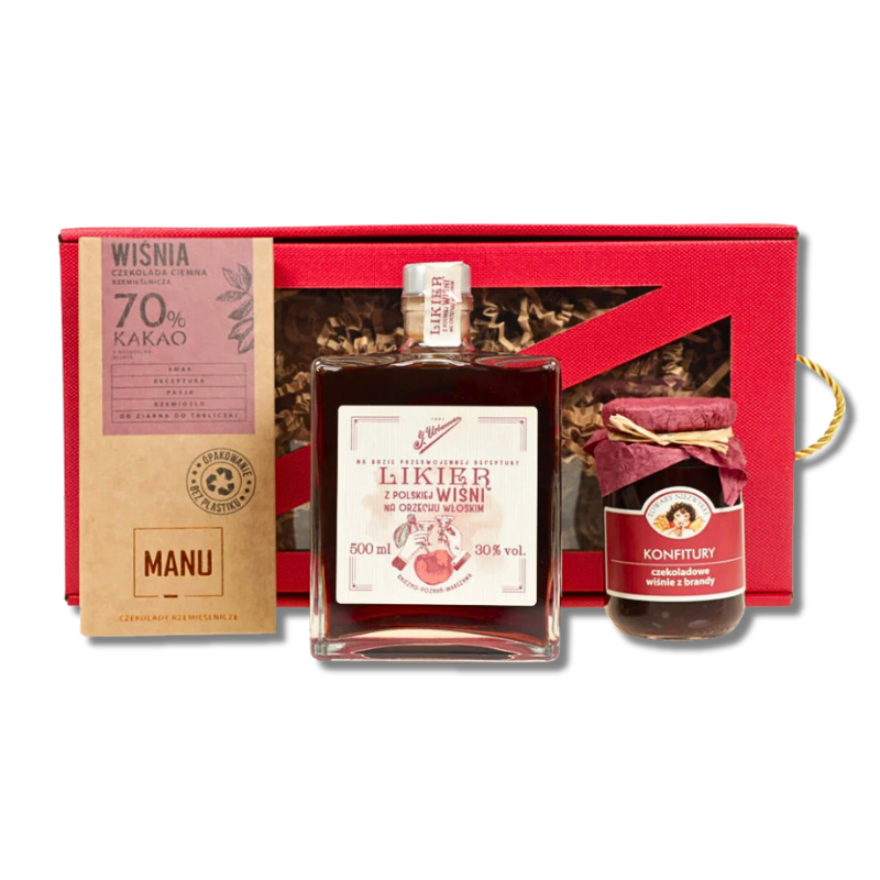 „Zestaw prezentowy J. Urbanowicz z likierem wiśniowym na orzechu włoskim, konfiturą wiśniową z brandy i ciemną czekoladą wiśniową w eleganckim pudełku.”