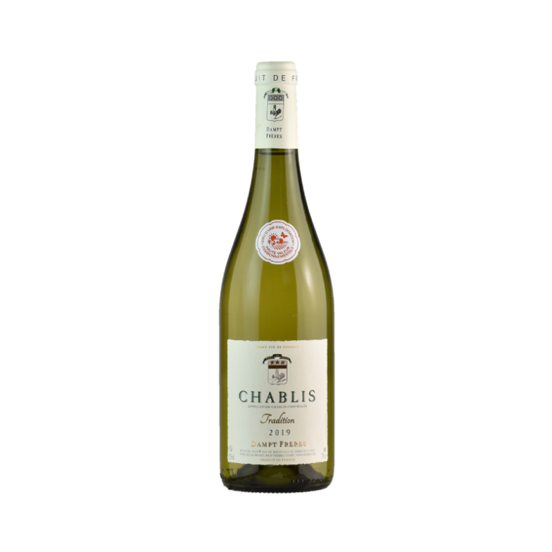 Chablis Tradition Dampt Frères – białe, wytrawne wino z Burgundii. 100% Chardonnay, z aromatem cytrusów, akacji i migdałów, w eleganckiej butelce.