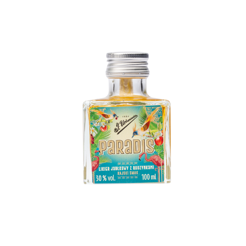 Likier deserowy J. Urbanowicz Paradis 30% 100 ml – rzemieślniczy likier jabłkowo-rodzynkowy w eleganckiej butelce inspirowanej stylem retro.