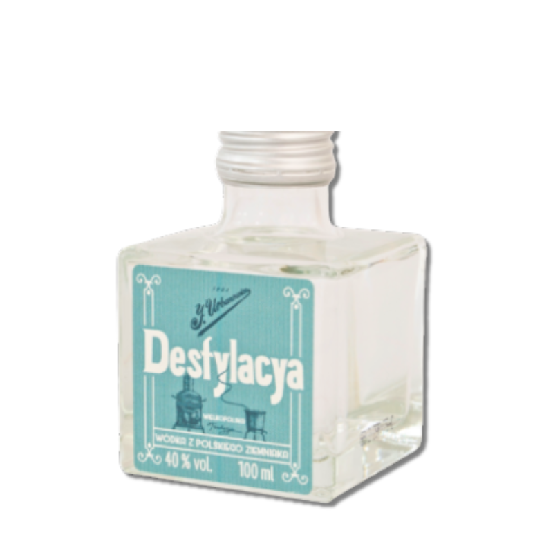 J. Urbanowicz Wódka „Destylacya” 1928 100 ml – mini butelka eleganckiej wódki ziemniaczanej premium inspirowanej przedwojenną tradycją gorzelniczą.