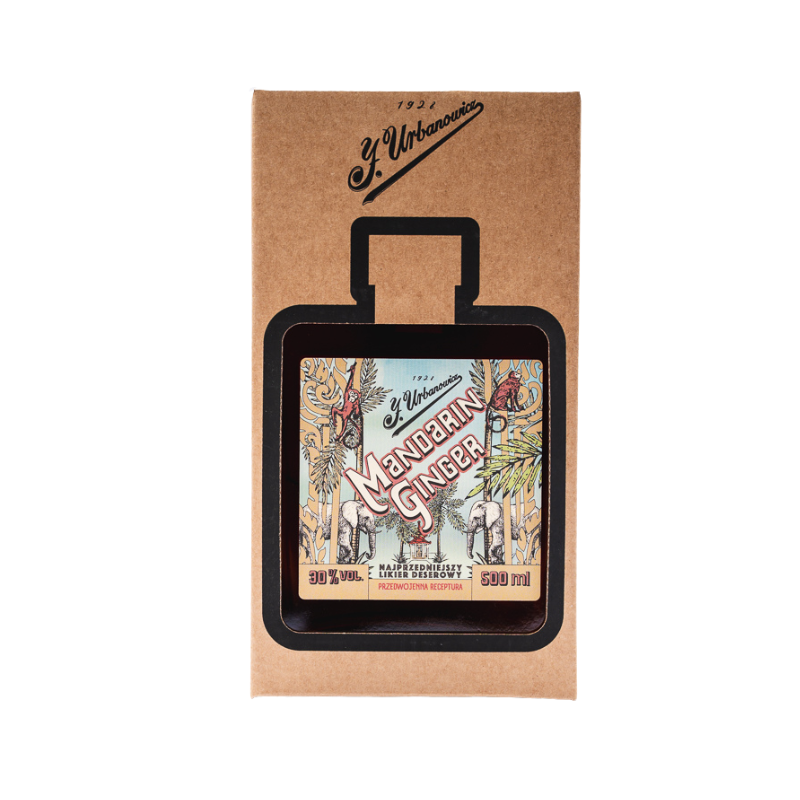 J. Urbanowicz Mandarin Ginger Likier 30% 0,5 L w kartoniku, J. Urbanowicz Mandarin Ginger Likier 30% 0,5 L w kartoniku – elegancka butelka polskiego likieru deserowego z mandarynek i imbiru, inspirowanego XIX-wieczną recepturą Jana Urbanowicza.