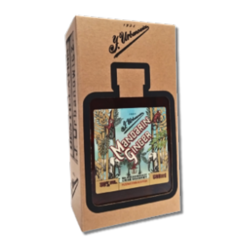 J. Urbanowicz Mandarin Ginger Likier 30% 0,5 L w kartoniku, J. Urbanowicz Mandarin Ginger Likier 30% 0,5 L w kartoniku – elegancka butelka polskiego likieru deserowego z mandarynek i imbiru, inspirowanego XIX-wieczną recepturą Jana Urbanowicza.