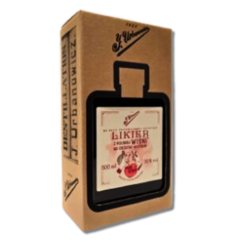 Likier z Polskiej Wiśni na Orzechu Włoskim 30% 0,5 L w kartoniku – wytrawny, elegancki trunek Urbanowicza. Złoty medal WSC 2023. Idealny prezent.