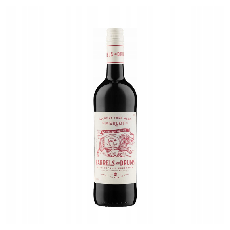 Barrels & Drums Merlot 0% 0,75 L – czerwone, wytrawne wino bezalkoholowe o aromacie czerwonych owoców i ziół, z miękkim, zbalansowanym finiszem.