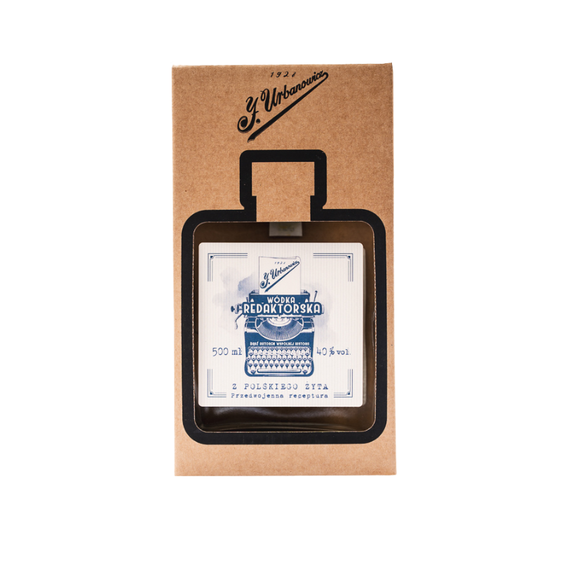 J. Urbanowicz Wódka Redaktorska 40% 0,5 L w kartoniku – elegancka polska wódka żytnia o czystym, łagodnym smaku, nagrodzona złotym medalem WSC 2022.