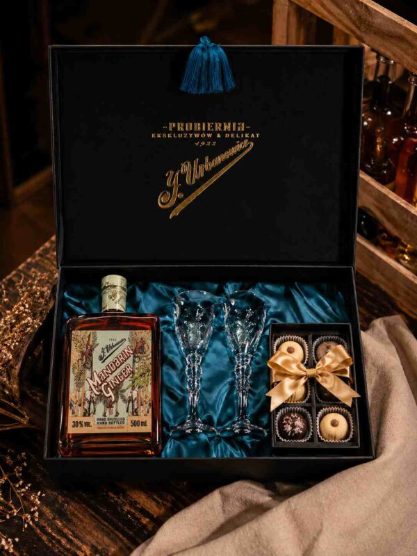 Luksusowy zestaw prezentowy z mandarynkowym ginem, kieliszkami