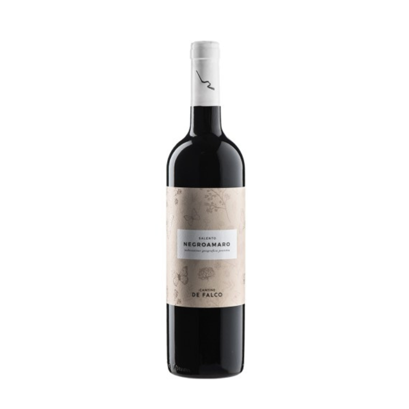 Butelka czerwonego wina Cantine de Falco Negroamaro Salento 750 ml z regionu Puglia we Włoszech