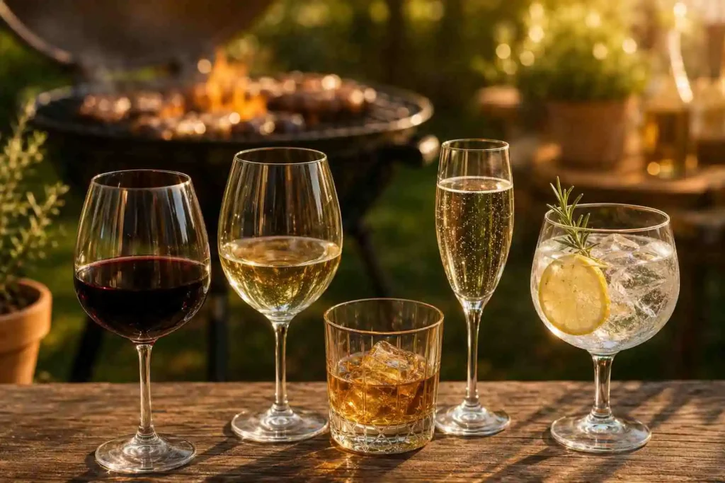 Kieliszki z winem, whisky i koktajlem na tle rozpalonego grilla podczas letniego spotkania w ogrodzie