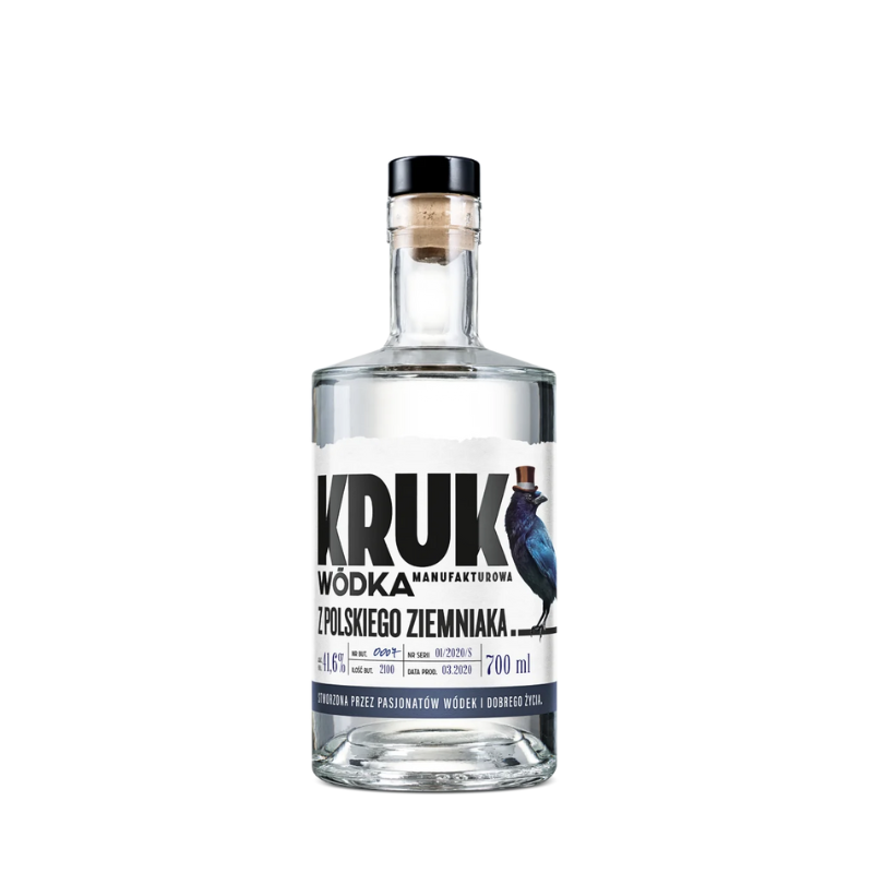 Butelka Kruk Wódka Ziemniaczana 0,7L – manufakturowa polska wódka z ziemniaków, ręcznie numerowana.