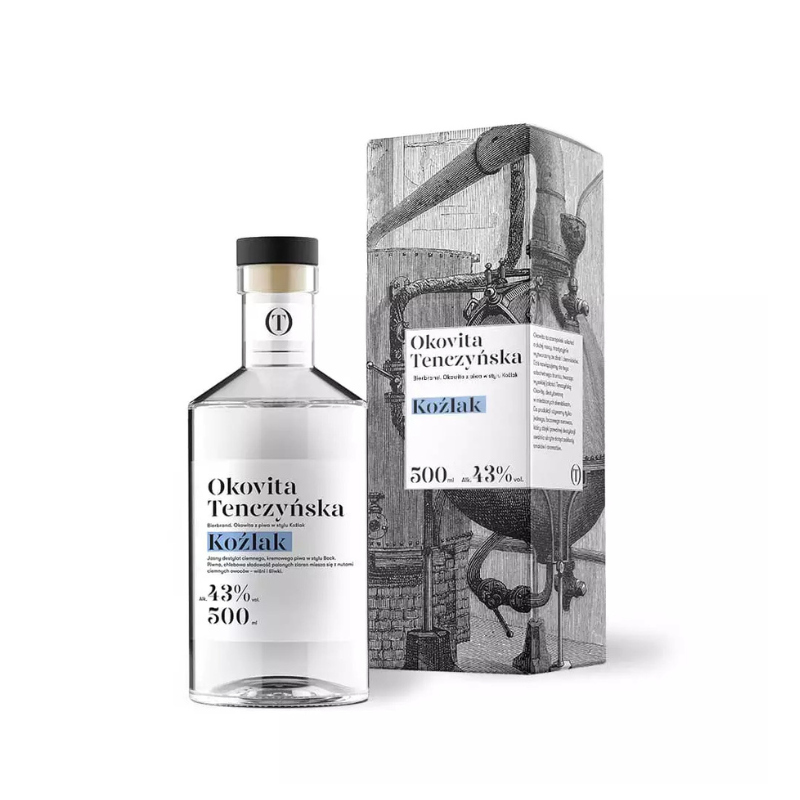 Tenczynek Okovita Koźlak 43% 0,5 L – rzemieślniczy destylat z piwa Koźlak o aromacie śliwek, wiśni i palonego słodu.