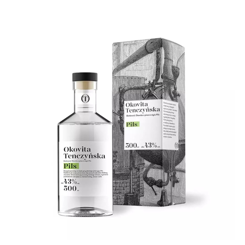 Tenczynek Okovita Pils 43% 0,5 L – rzemieślniczy destylat z piwa pilzneńskiego o aromacie chmielu, słodu i ziół.