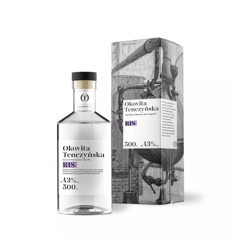 Tenczynek Okovita RIS 43% 0,5 L – rzemieślniczy destylat z piwa Russian Imperial Stout o aromacie słodu, karmelu i dębu.