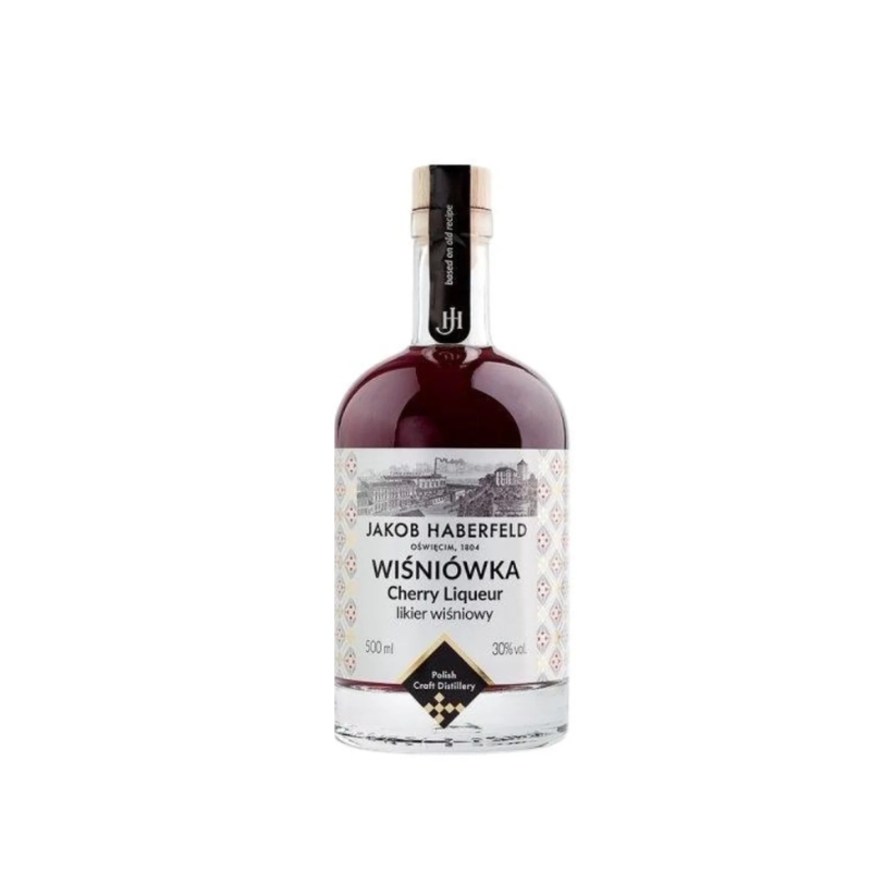Butelka Jakob Haberfeld Wiśniówka 0,5l – likier z naturalnych wiśni i przypraw korzennych.