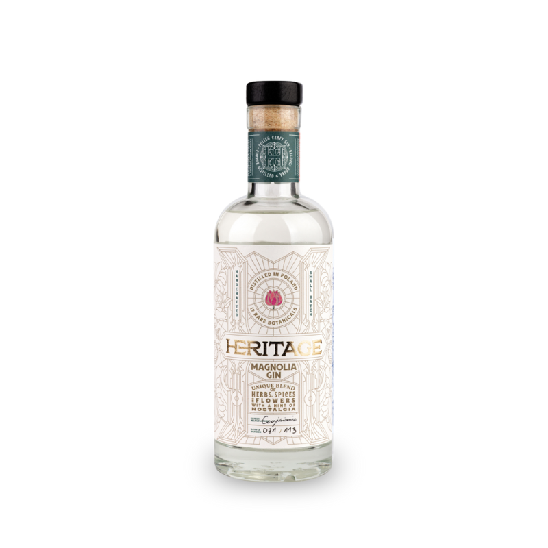 Heritage Magnolia Gin 47% 0,5 L – rzemieślniczy polski gin premium z kwiatem magnolii i 19 botanikami, o delikatnym kwiatowo-cytrusowym smaku.