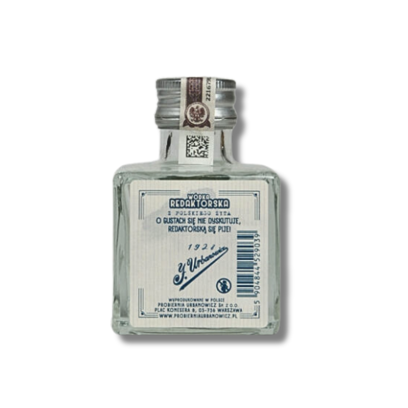 J. Urbanowicz Wódka Redaktorska Żytnia 40% 100 ml – elegancka mini butelka klasycznej polskiej wódki premium z żyta, inspirowana przedwojennymi „kwadraciakami”.