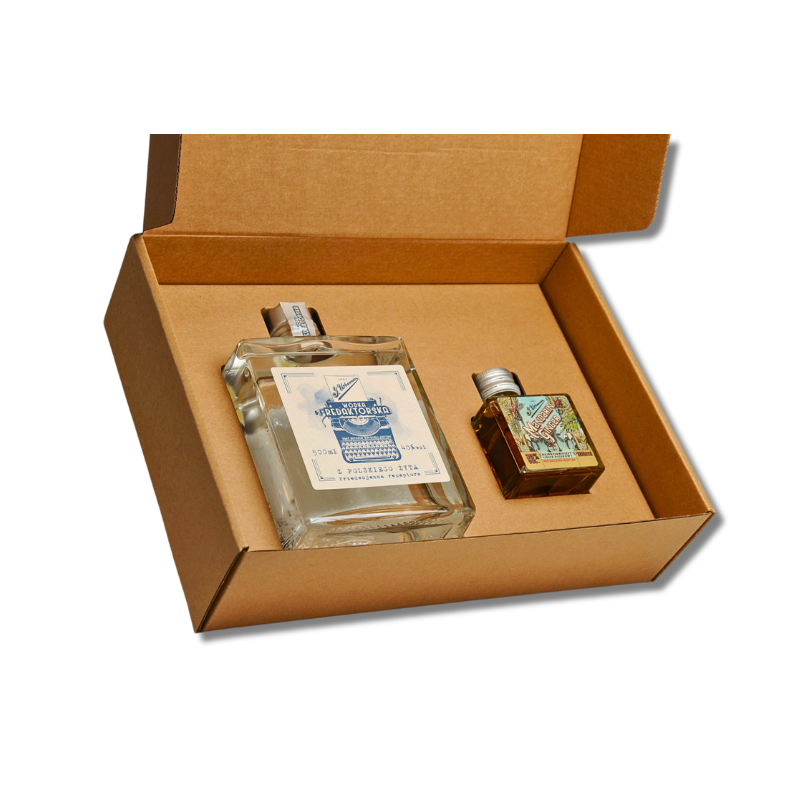 Zestaw prezentowy J. Urbanowicz – Wódka Redaktorska 0,5 L i Likier Mandarin Ginger 0,1 L w eleganckim kartoniku. Połączenie klasyki i cytrusowej finezji.