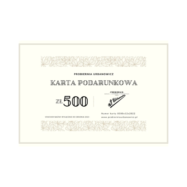 karta podarunkowa o wartości 500 zł na zakup alkoholu rzemieślniczego z manufaktur probiernia urbanowicz
