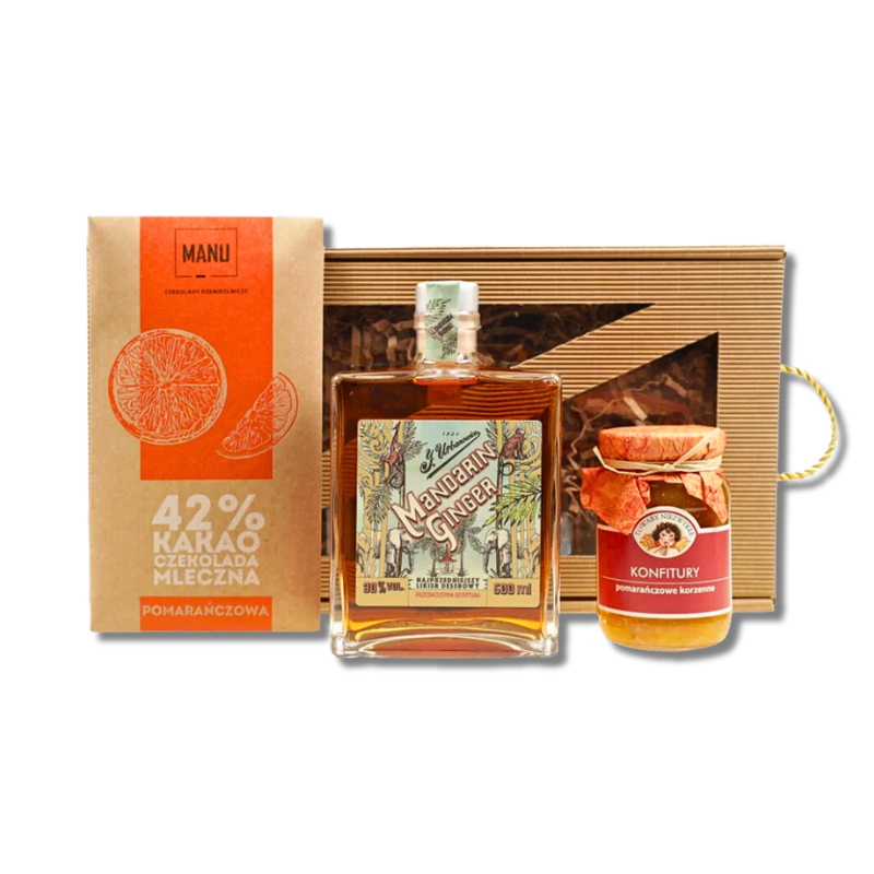 Zestaw świąteczny J. Urbanowicz Mandarin Ginger 0,5 L w eleganckim opakowaniu prezentowym, z likierem mandarynkowo-imbirnym, konfiturą pomarańczową korzenną i ręcznie robioną czekoladą pomarańczową.