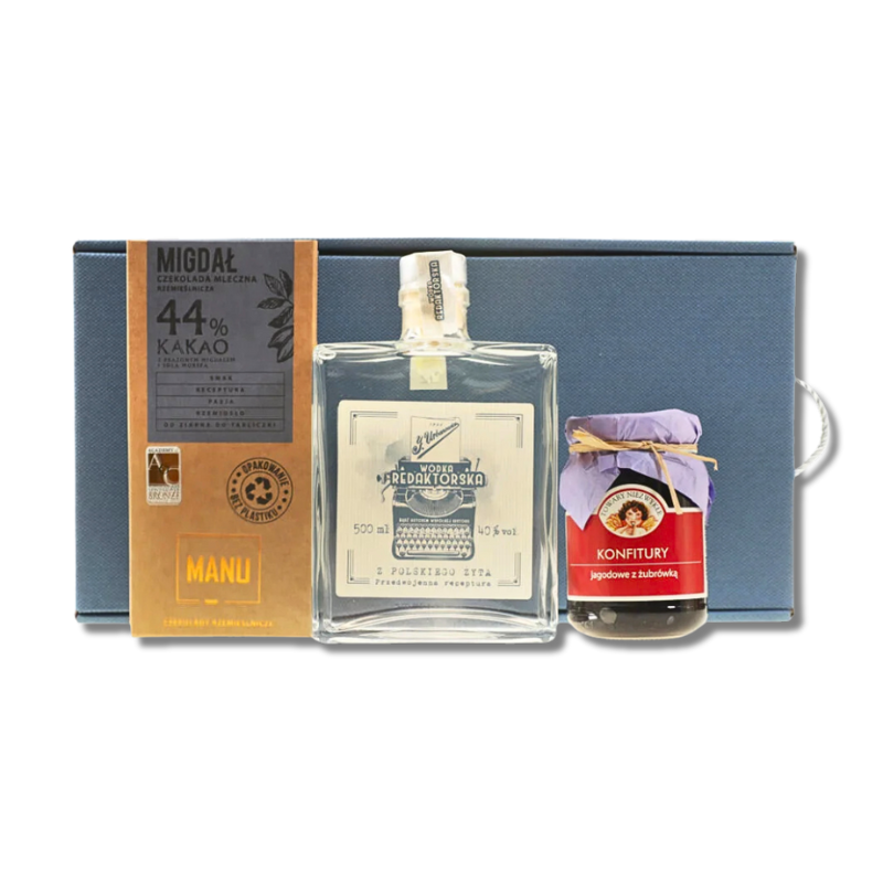 Zestaw świąteczny J. Urbanowicz „Redaktor w Czekoladzie” – Wódka Redaktorska 0,5 L, konfitura jagodowa i czekolada mleczna MANU w eleganckim opakowaniu prezentowym.