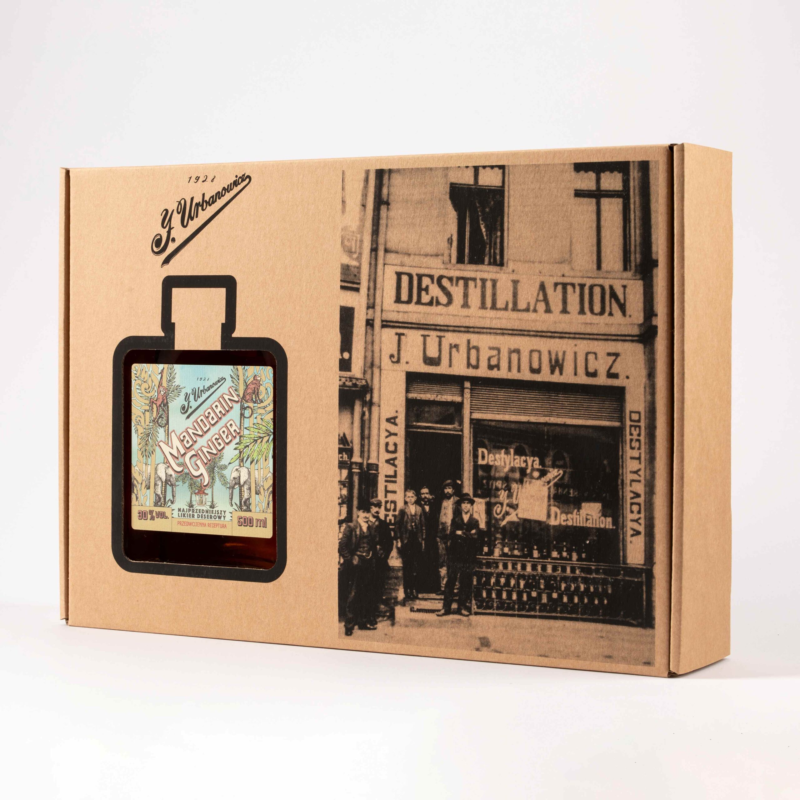 J. Urbanowicz Zestaw prezentowy - Likier Mandarin Ginger 0,5l 30% + dwa kieliszki firmowe - box - obrazek 2