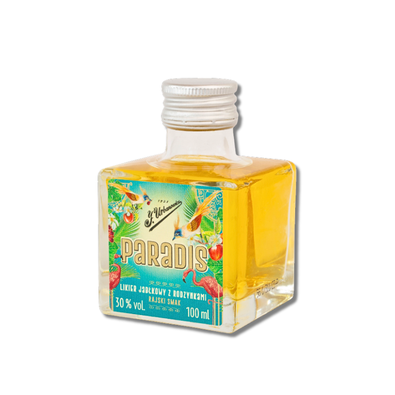 Likier deserowy J. Urbanowicz Paradis 30% 100 ml – rzemieślniczy likier jabłkowo-rodzynkowy w eleganckiej butelce inspirowanej stylem retro.